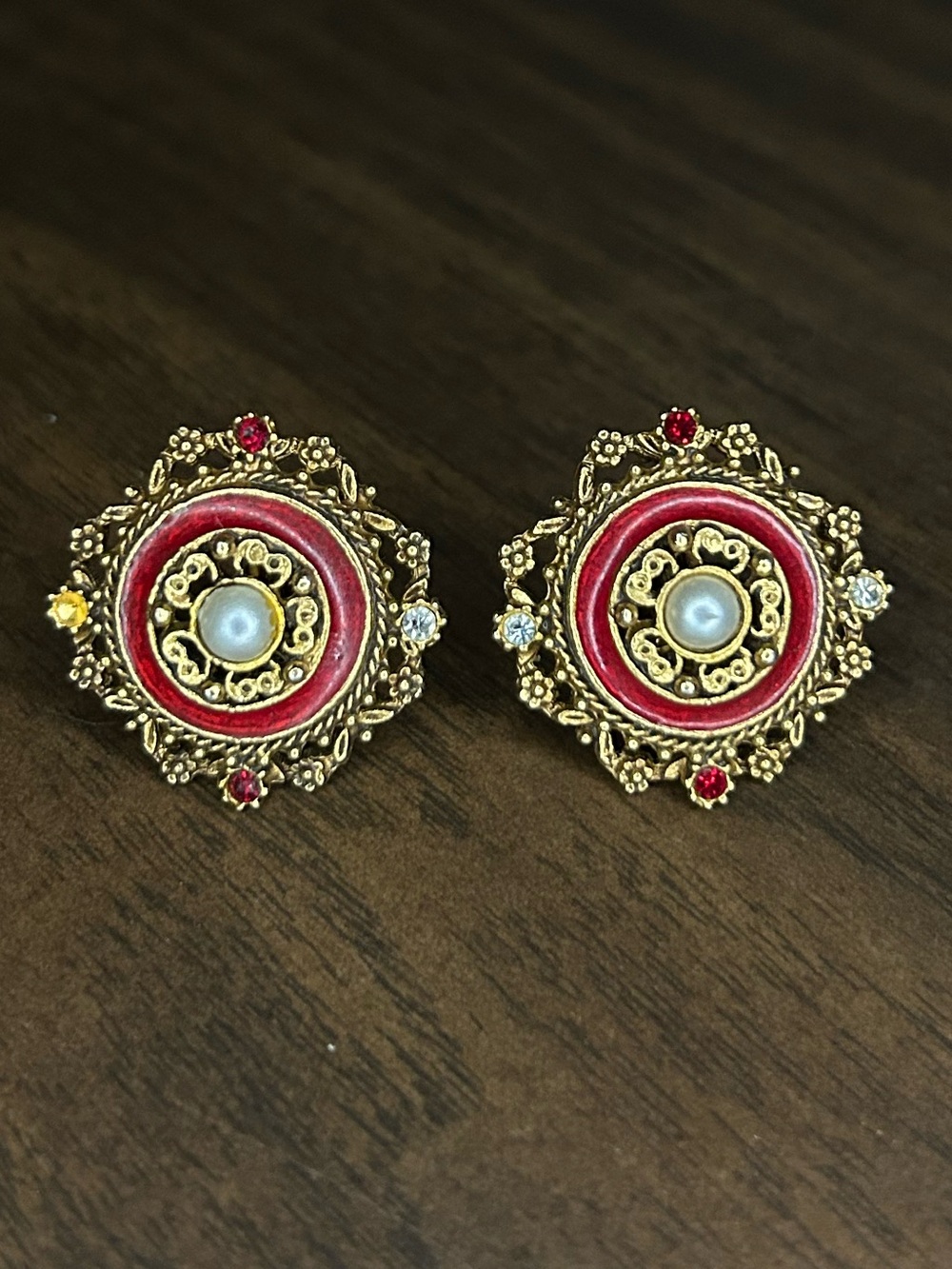 Vintage Florenza Red Enamel Faux Pearl Rhinestone Clip Earrings